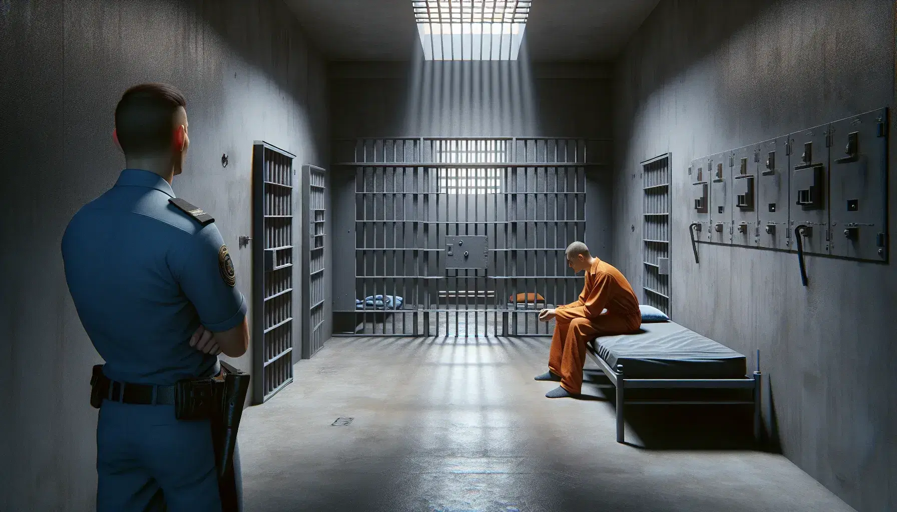 Austere prison cell with two inmates in orange jumpsuits, one sitting and the other standing near the bars, and an officer in a blue uniform watching.