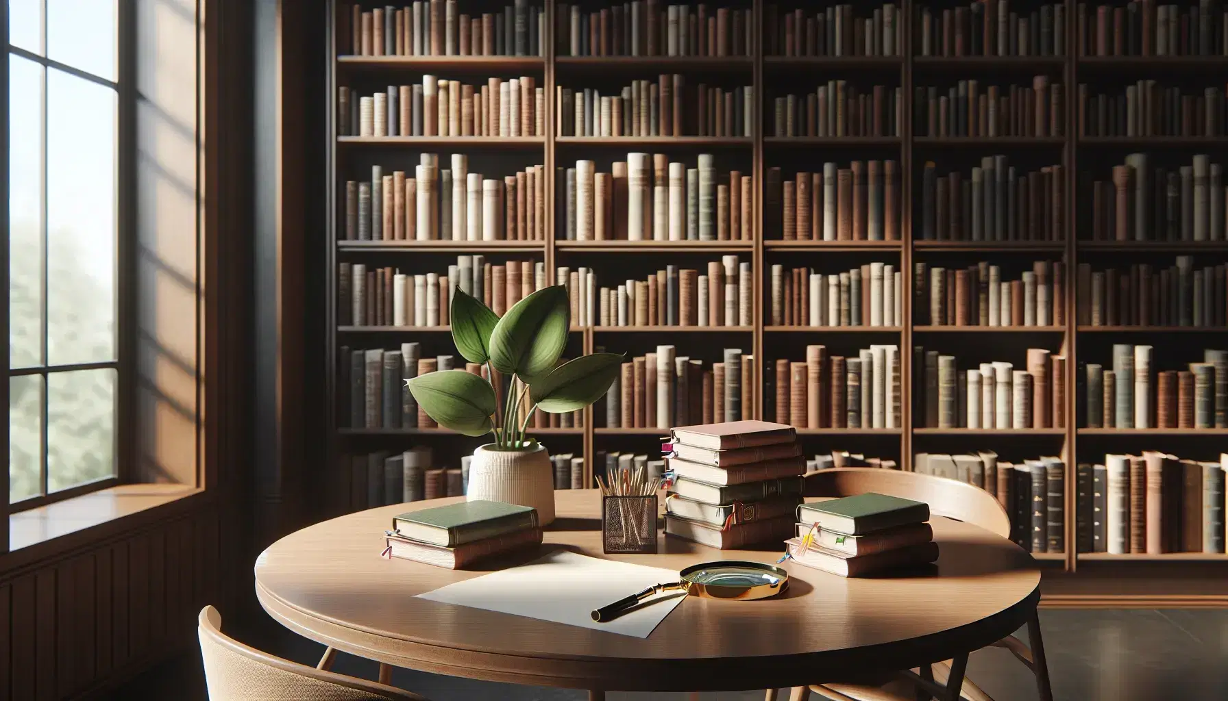 Biblioteca acogedora con estanterías de madera oscura llenas de libros, mesa central con libros apilados y lupa, y planta verde en primer plano.
