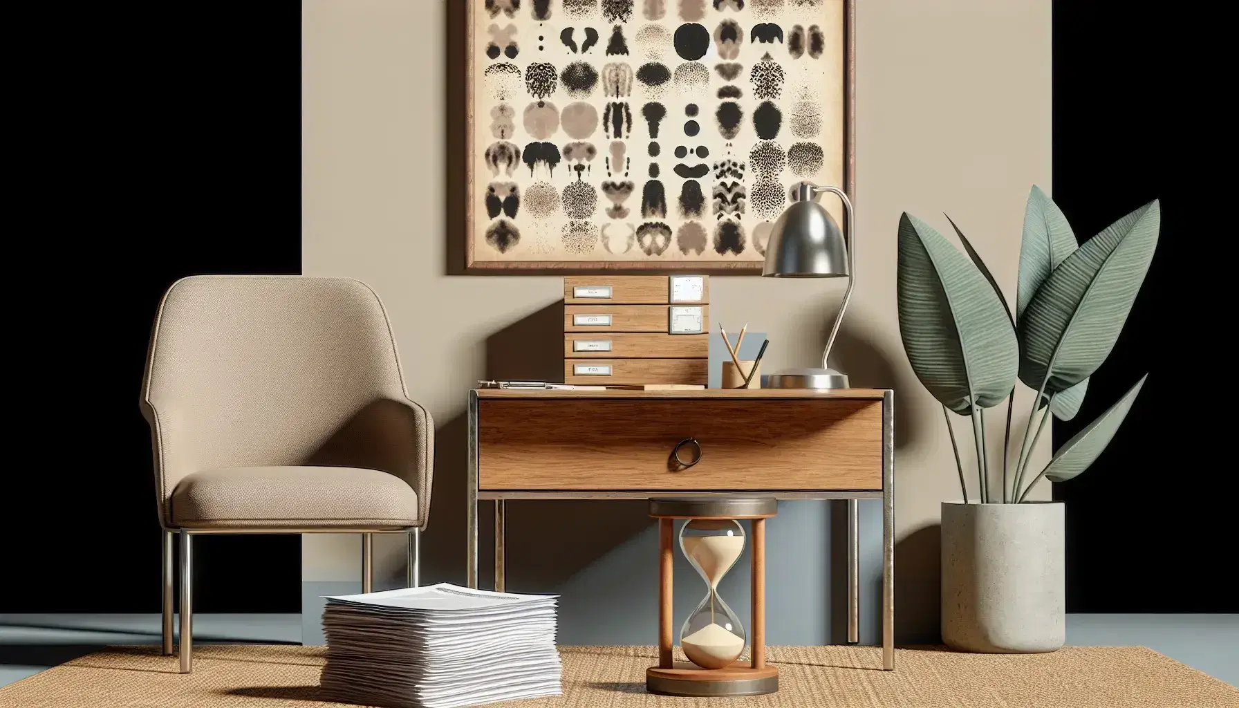 Clinical environment with wooden desk, hourglass, questionnaires and set of inkblots, blue padded chair and green plant on coffee table.