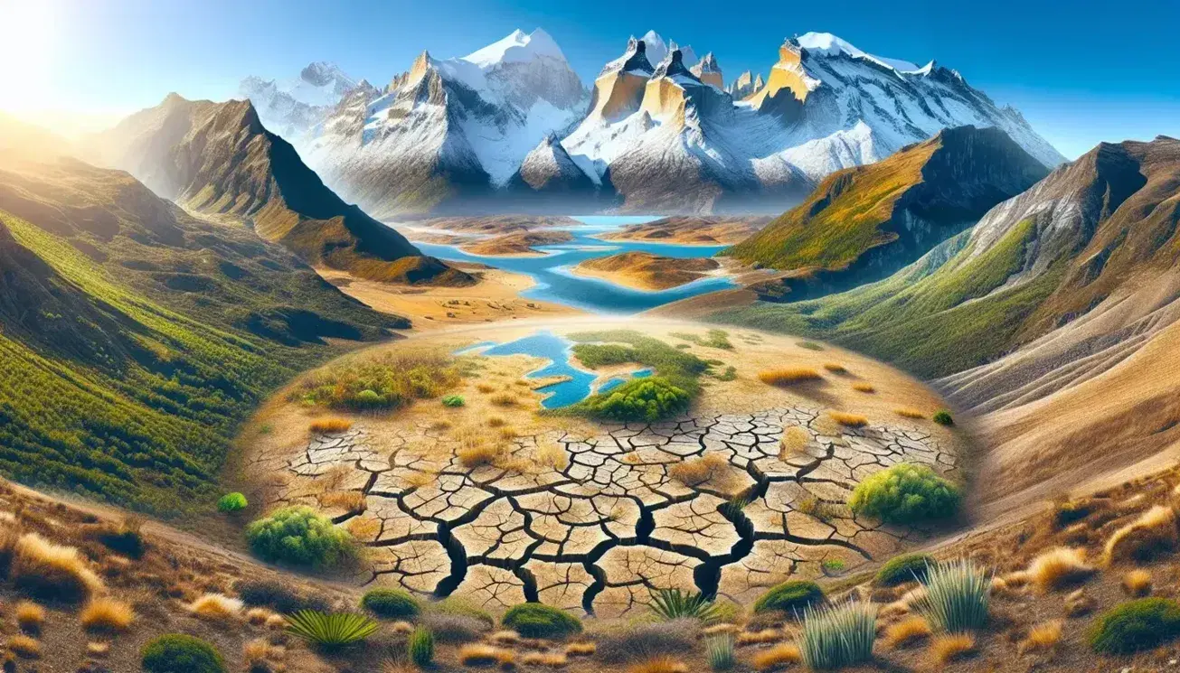 Paesaggio iberico con terreno arido in primo piano, vegetazione mediterranea al centro e montagne innevate sullo sfondo, cielo azzurro, figura umana a sinistra.