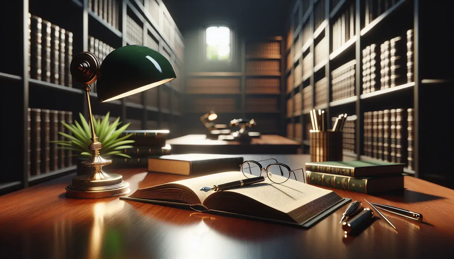 Serene library study space with polished wooden desk, green-shaded banker's lamp, open book, round-framed glasses, and silver fountain pen, flanked by bookshelves and plants.