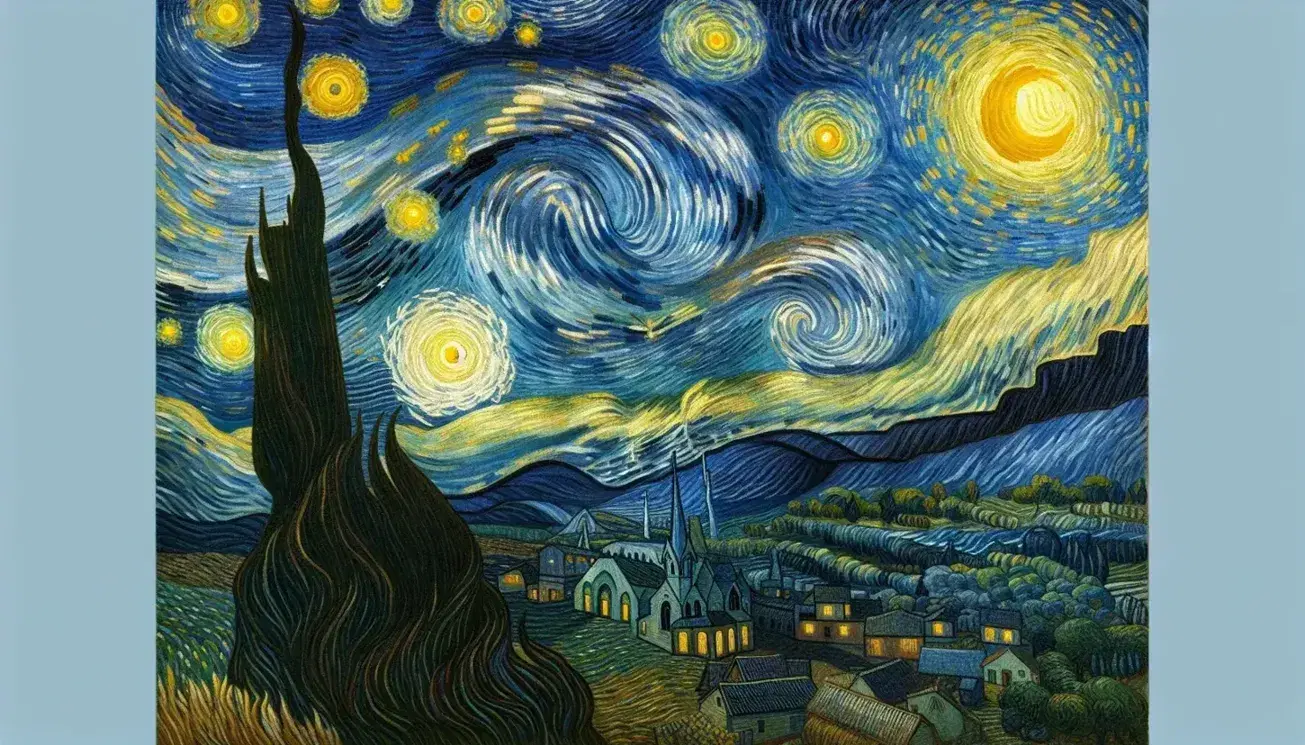 Riproduzione del dipinto 'Notte Stellata' di Van Gogh con cielo dinamico, cipresso nero e chiesetta sotto un firmamento scintillante.