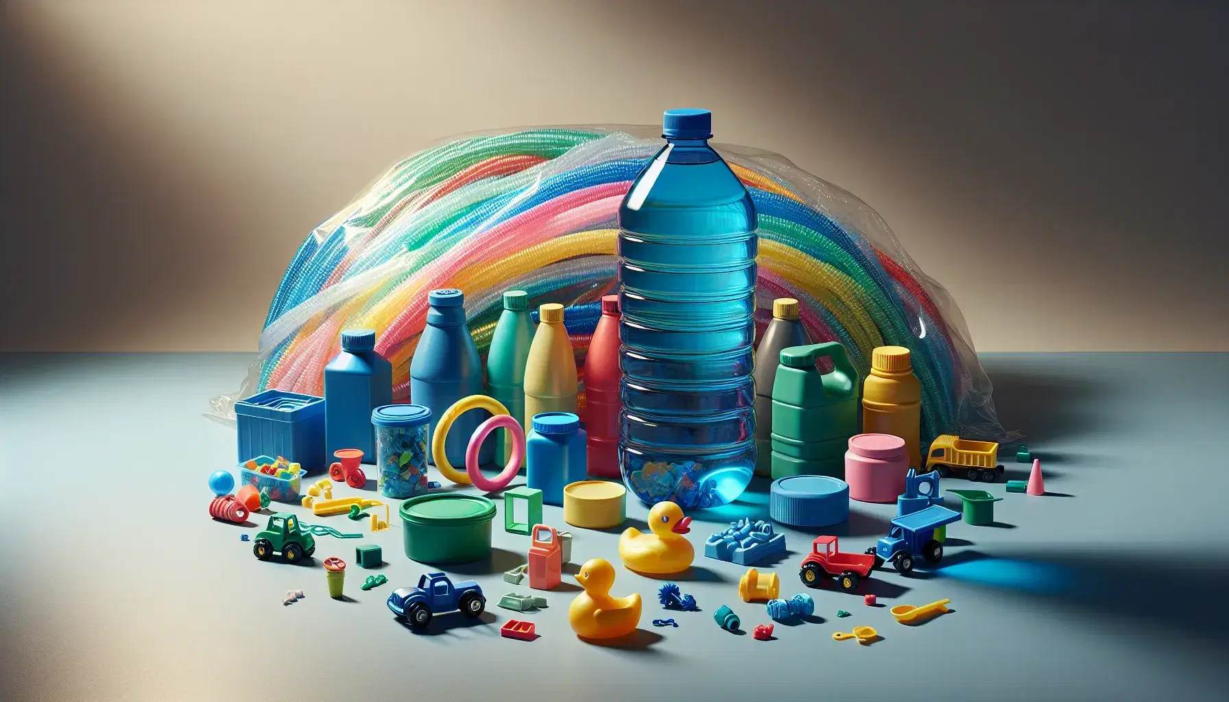Colección de objetos de plástico coloridos con botella transparente y líquido azul, contenedores variados, fibras entrelazadas y juguetes en superficie neutra.