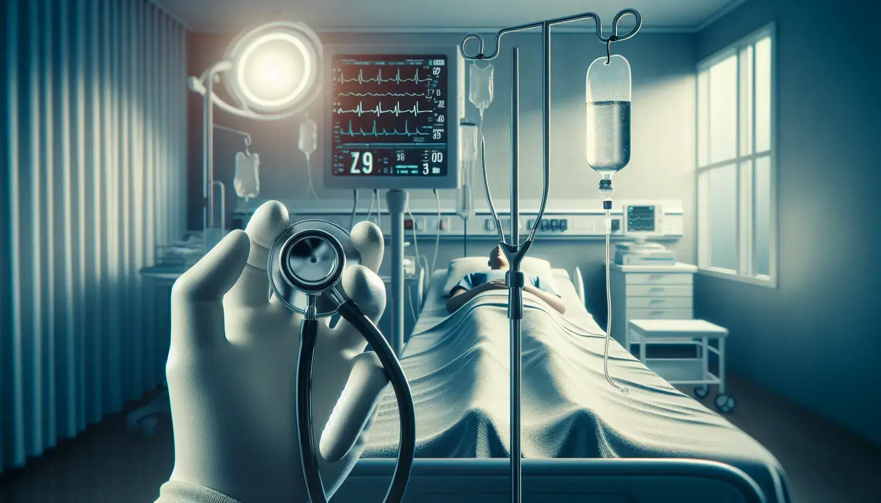 Mano con guantes médicos sostiene estetoscopio listo para auscultar a paciente en cama de hospital con monitor y suero al lado.