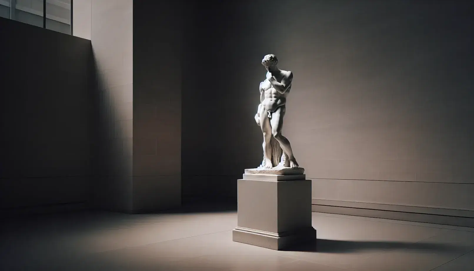 Scultura in marmo bianco di figura maschile pensosa in stile classico su piedistallo grigio, senza scritte o simboli, con illuminazione che ne esalta i dettagli.