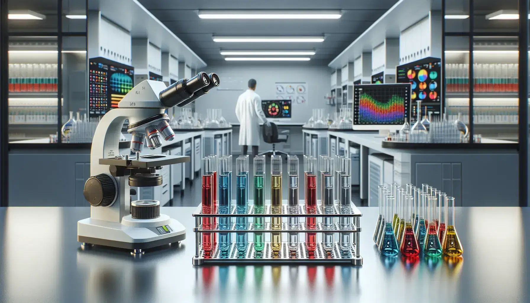 Laboratorio de investigación clínica con tubos de ensayo de colores en soporte metálico, microscopio moderno y científico analizando datos en computadora.