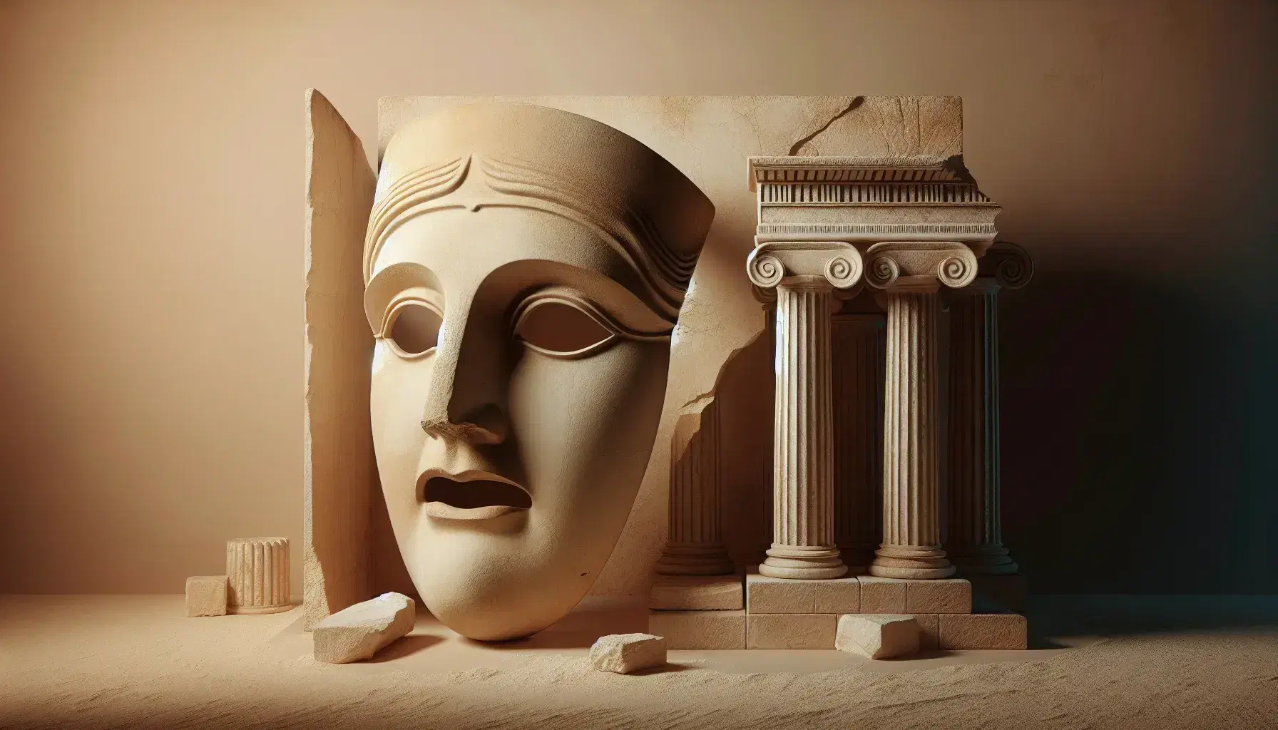 Maschera teatrale greca antica in avorio con bocca aperta e occhi vuoti su sfondo sfumato con colonna dorica.