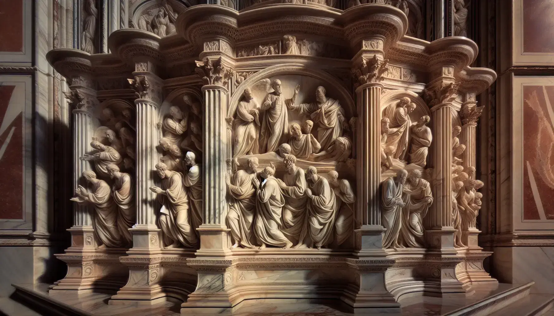 Particolare del pulpito marmoreo di Nicola Pisano nel Duomo di Siena, con figure in rilievo e drappeggi realistici, gioco di luci e ombre.