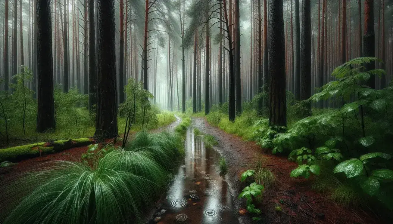 Sentiero umido serpeggia tra pini in una foresta nebbiosa durante la pioggia, con gocce su foglie verdi e ruscello trasparente.