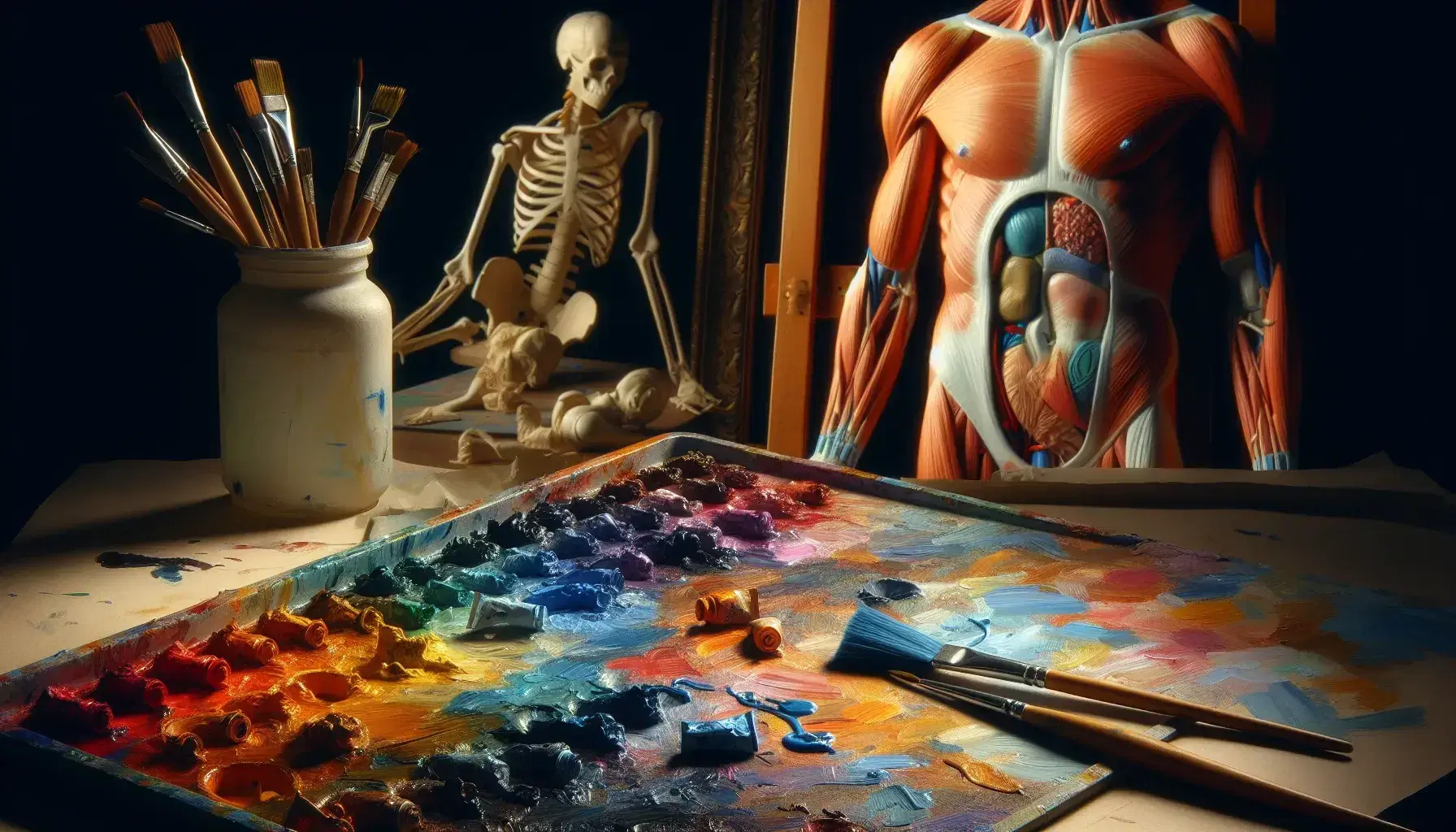 Tavolozza di colori a olio con pennello blu e modello anatomico di braccio umano sfocato sullo sfondo, senza testi leggibili.