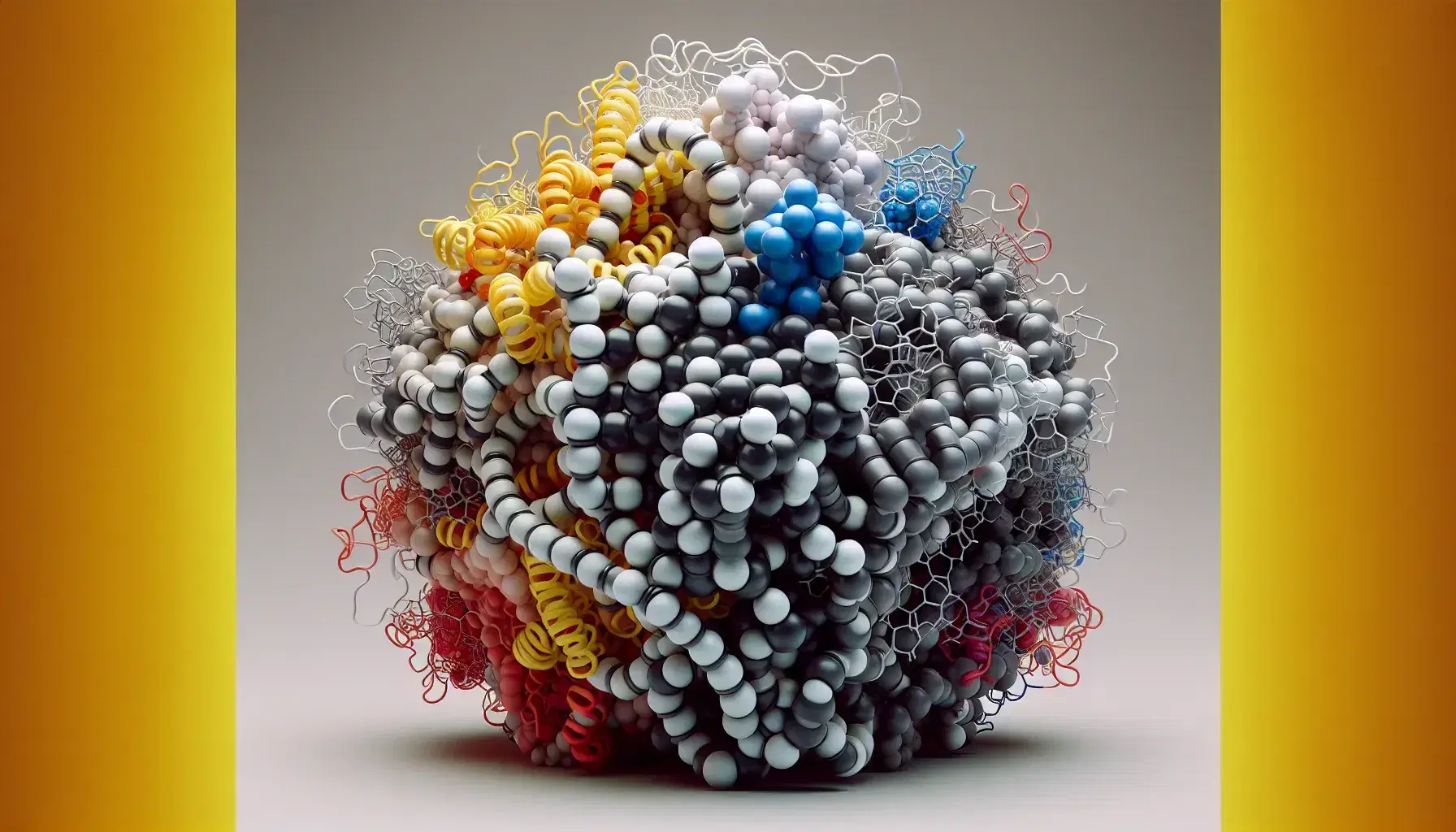 Modelo tridimensional detallado de una molécula de proteína con esferas de colores que representan átomos y varillas como enlaces químicos, mostrando estructuras secundarias y terciarias.