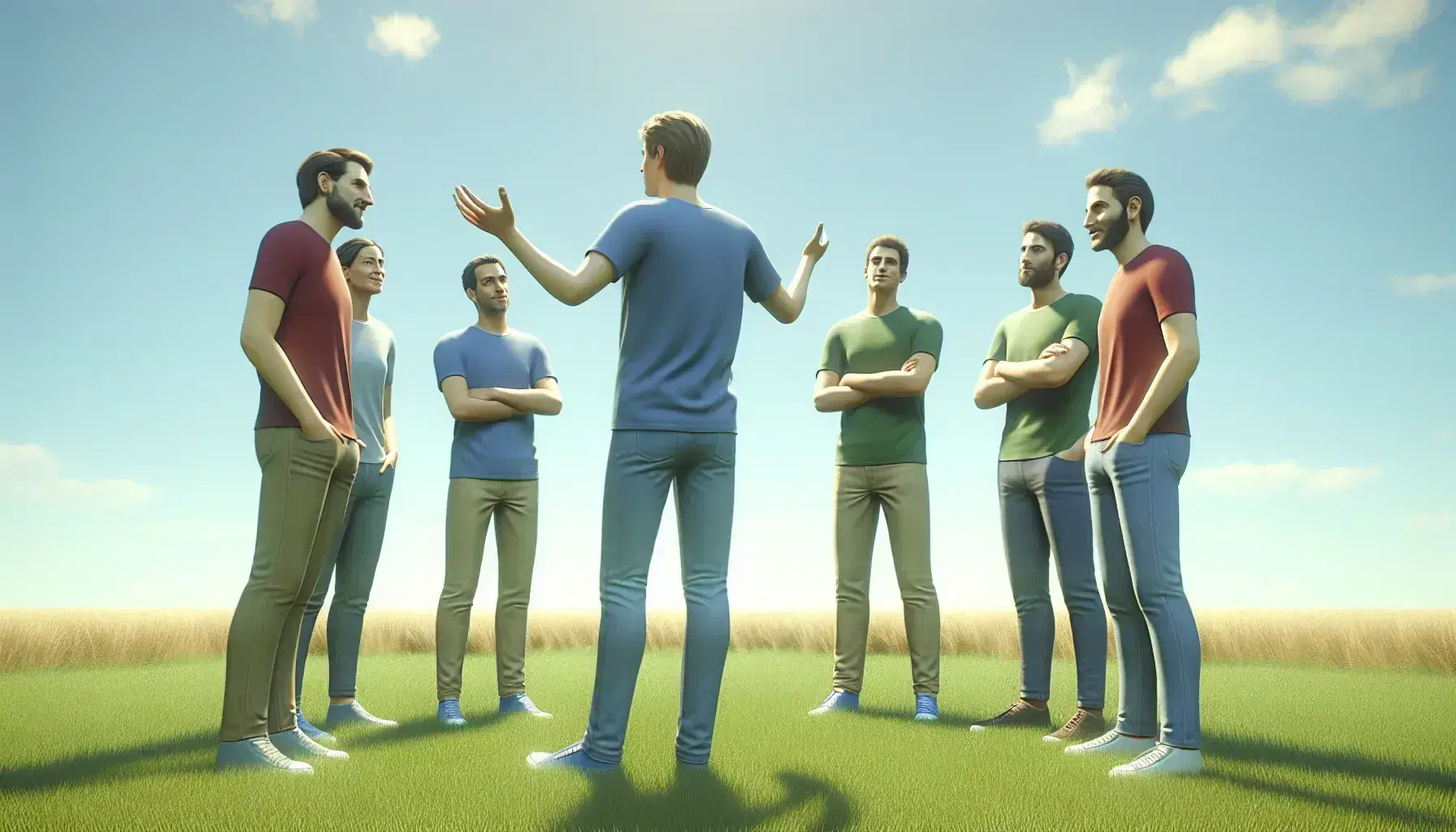 Grupo de seis personas en una reunión al aire libre, una liderando con gestos explicativos y las demás atentas, en un día soleado con cielo azul y césped verde.