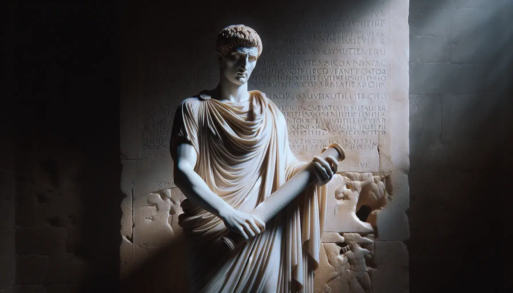 Statua in marmo bianco di figura romana con toga, mano su rotolo di papiro, su sfondo di muro antico eroso, in gioco di luci e ombre.