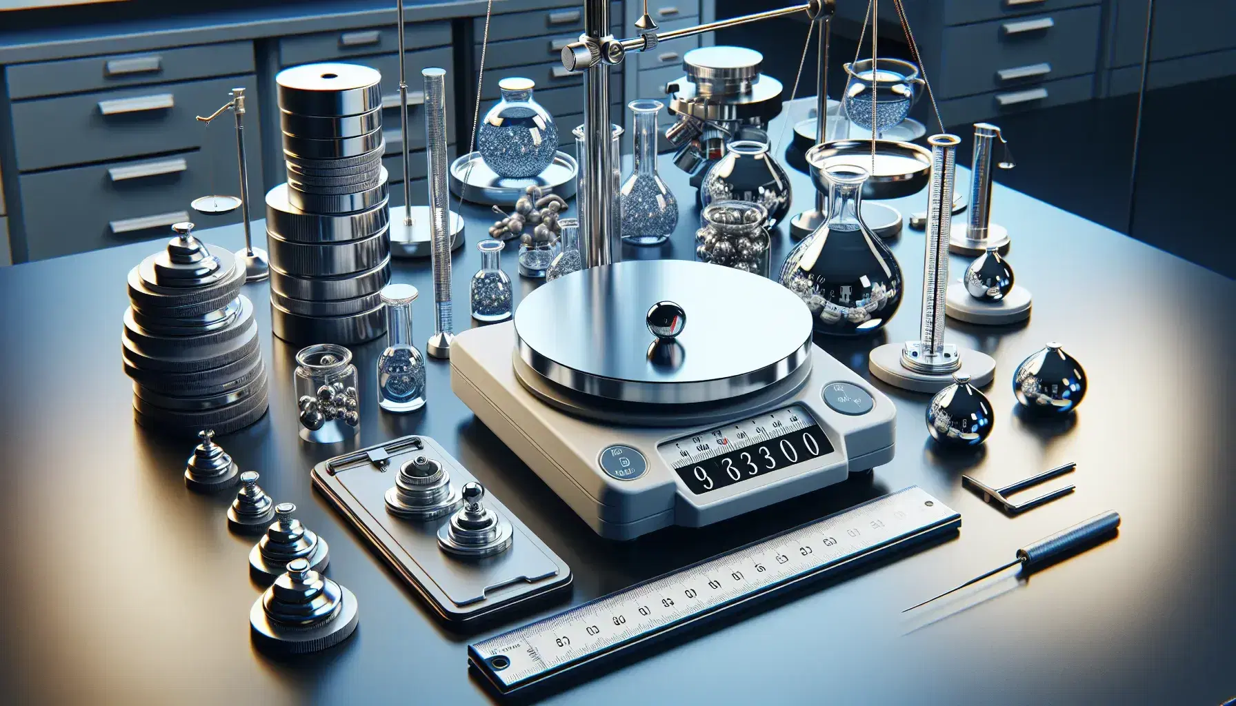 Strumenti di misurazione scientifici in laboratorio con bilancia analitica, pesi calibrati, termometro a mercurio, cilindro graduato e microscopio.