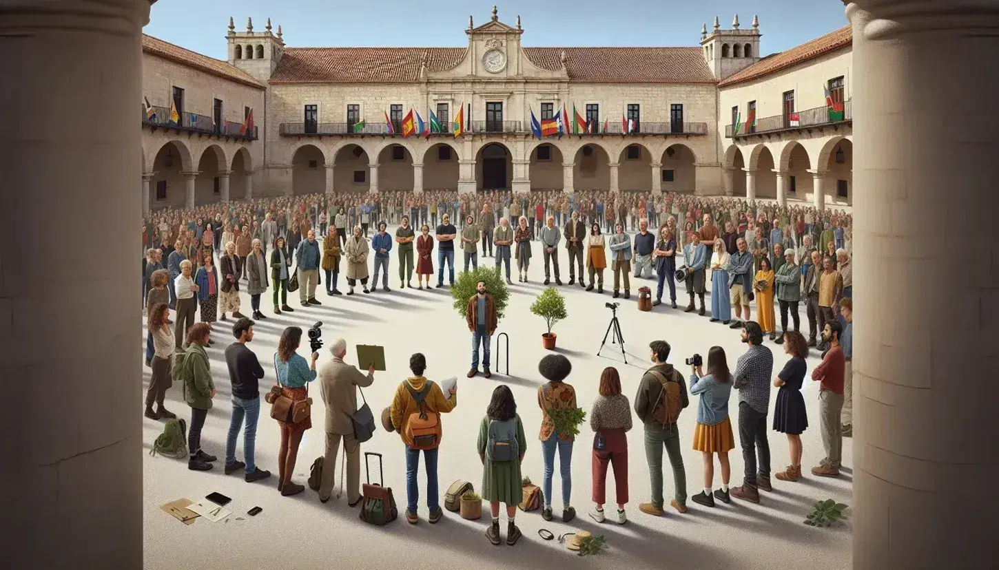 Diverse group engaging in civic discussion in a Spanish-style square, with individuals holding a sapling, clipboard, and camera, against a historic building.