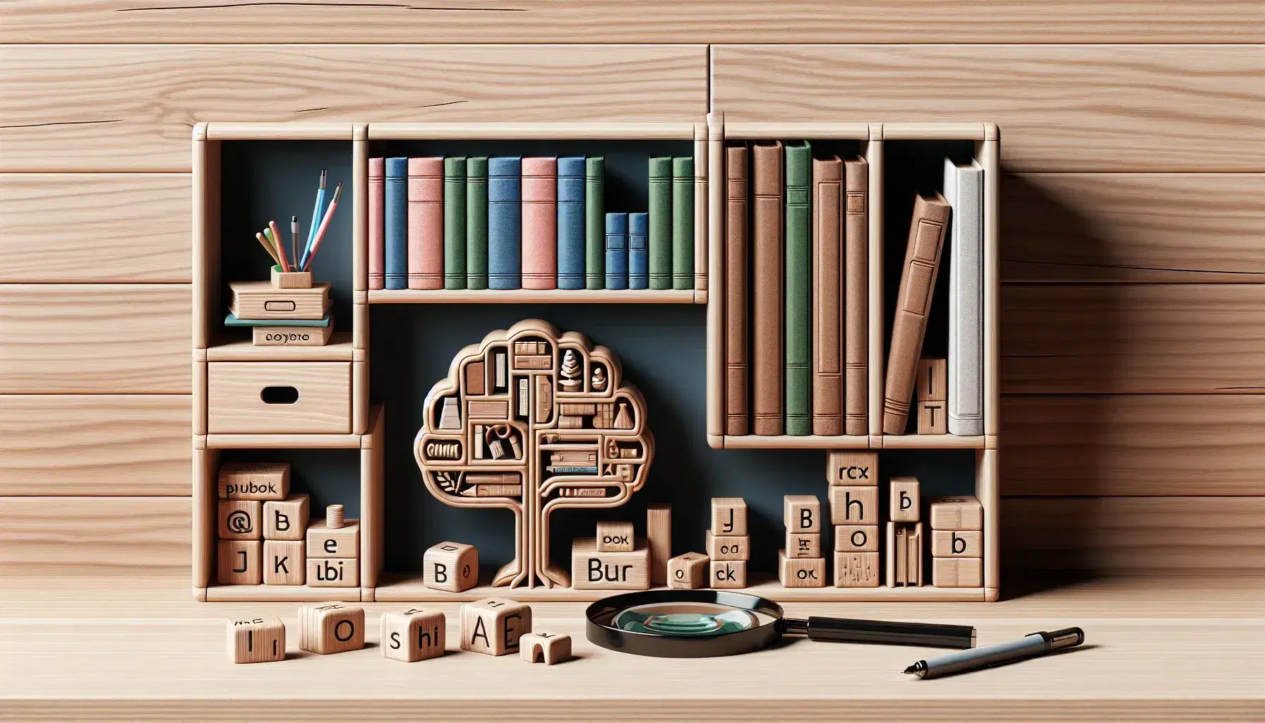 Estante de madera con libros de tapa dura, modelo de árbol sintáctico, lupa, bloques de construcción, pizarra con marcadores y decoración con planta y figura cerámica.