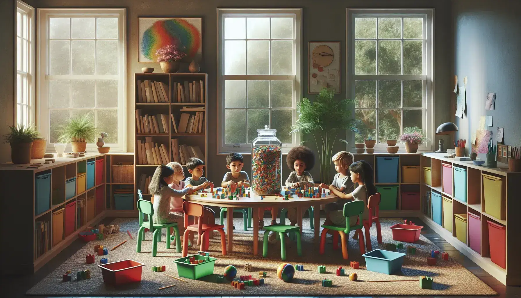 Diverse children engage with colorful building blocks at a round table in a classroom, with a bookshelf, plant, and sunlit window in the background.