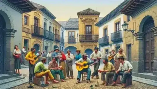 Vibrant Spanish town plaza with animated conversing people, historic buildings, a street guitarist, and children playing with a ball under a clear blue sky.