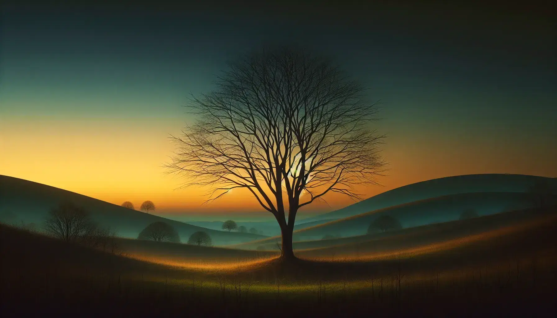 Albero solitario al tramonto con rami spogli, cielo sfumato da giallo-arancio a blu scuro e colline sfocate sullo sfondo.