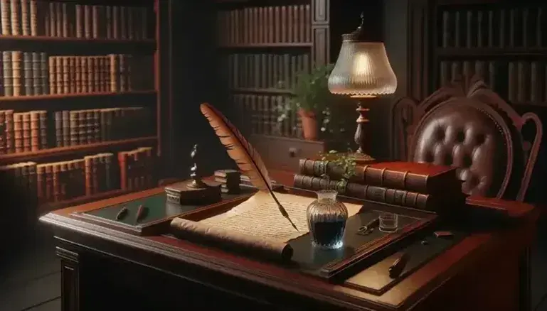 Scena di biblioteca antica con scrivania in legno scuro, calamaio con penna d'oca, pergamena e scaffali di libri rilegati, luce soffusa e pianta verde.