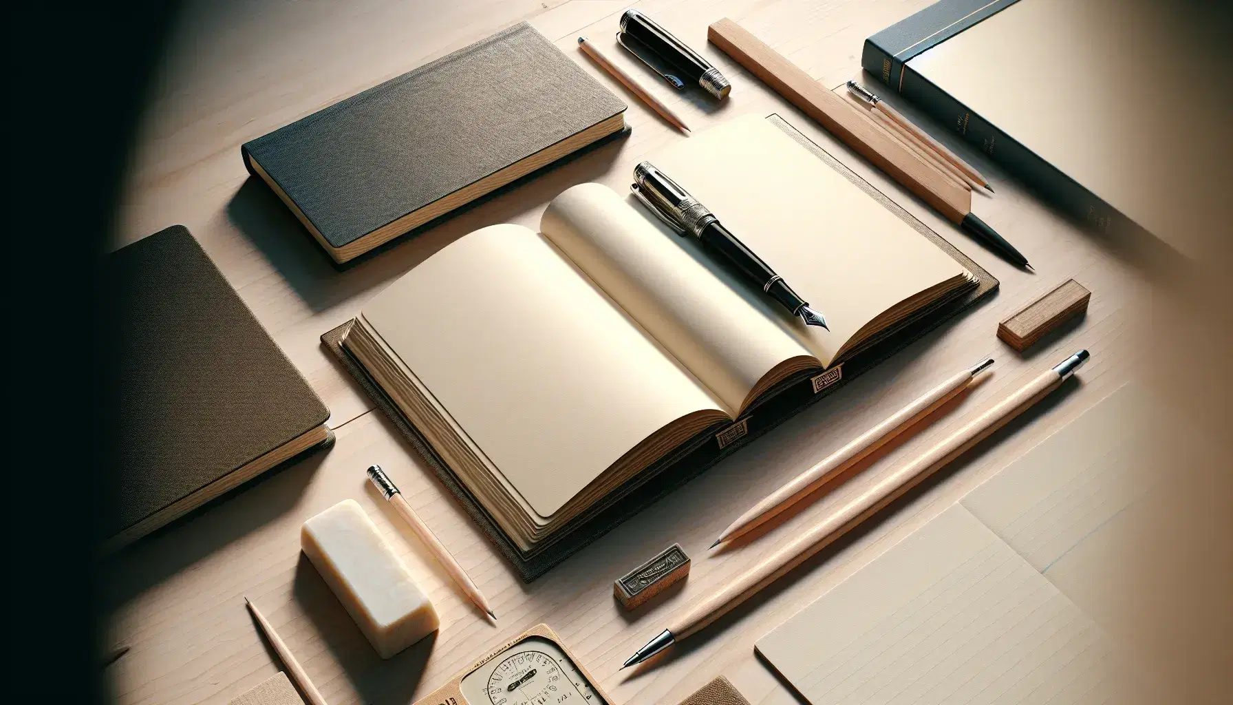Scrivania in legno chiaro con libro aperto, quaderno a copertina blu, penna stilografica nera, matita affilata e gomma bianca, in ambiente accogliente.