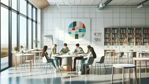 Aula escolar moderna y luminosa con estudiantes diversos en mesa redonda discutiendo un proyecto, pizarra blanca al fondo y estantería con libros coloridos.