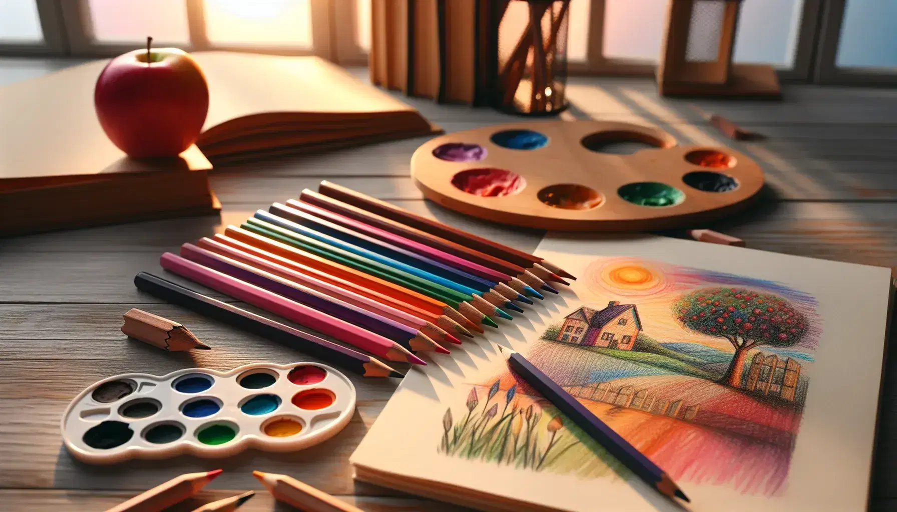Matite colorate ordinate su tavolo di legno con tavolozza e schizzi di oggetti su carta, sfondo con libro aperto sfocato.