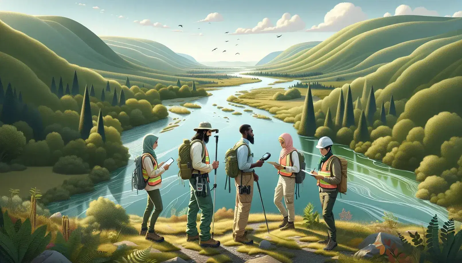 Grupo de tres científicos en terreno natural realizando investigación, con río serpenteante y colinas verdes al fondo bajo cielo azul.