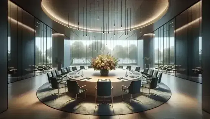 Sala conferenze moderna con tavolo ovale, sedie blu, illuminazione soffusa e bouquet centrale, circondata da pareti vetrate con vista giardino.
