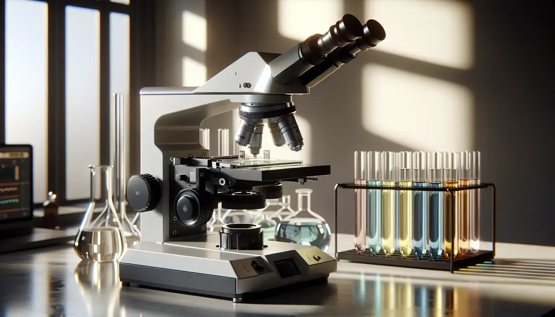 Microscopio óptico moderno con base blanca y ajustes negros sobre una mesa con portaobjetos y tubos de ensayo con líquidos de colores al lado.