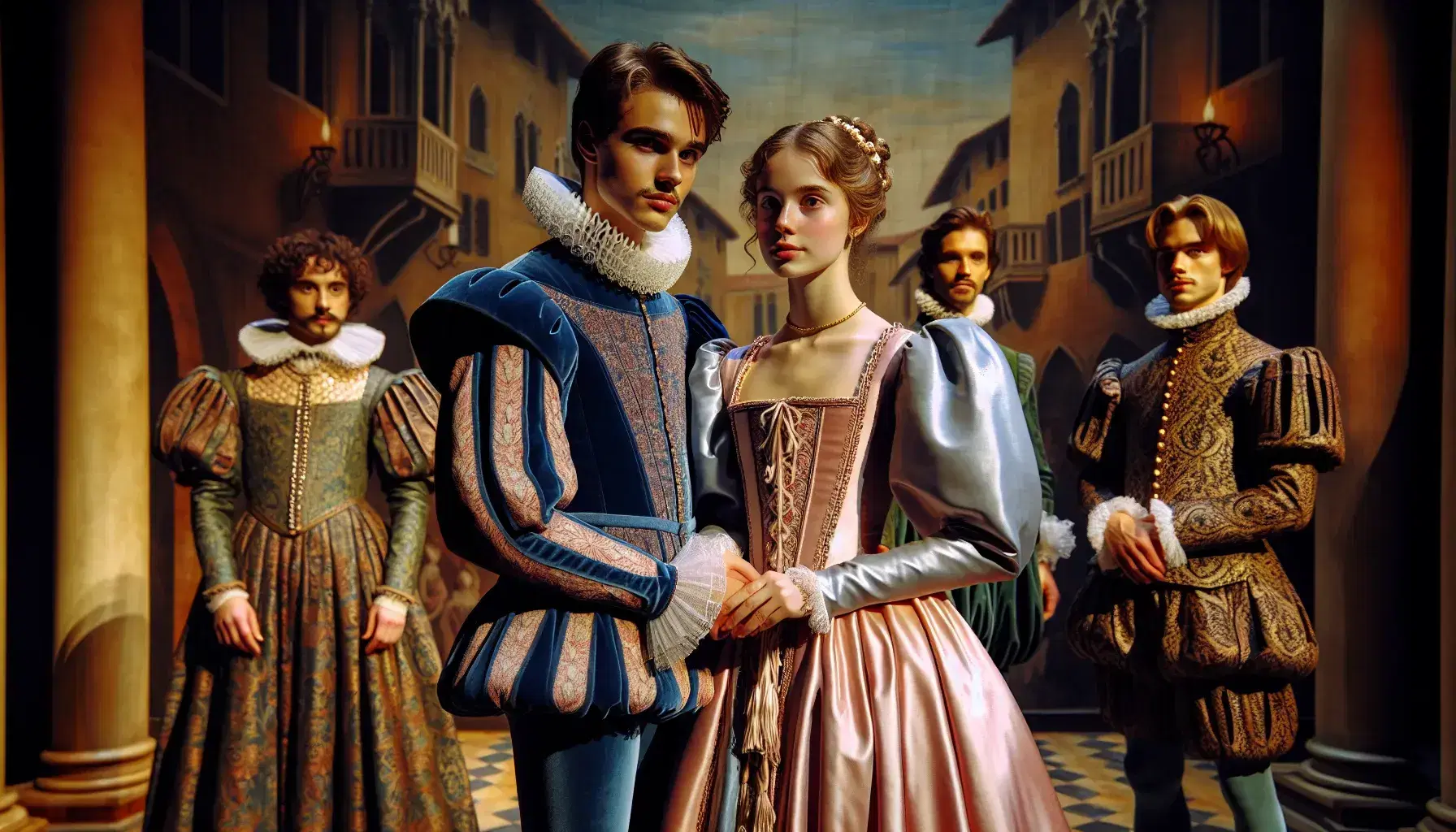 Elizabethan theatrical representation with Romeo in a blue double-breasted suit and Juliet in a pink satin dress, a painted Verona in the background.