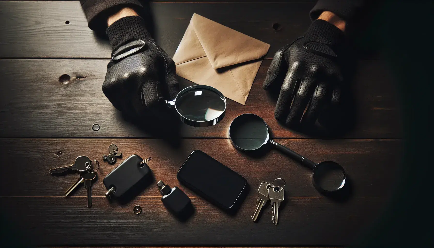 Detective's gloved hands examining clues with magnifying glass, including a brown envelope, keys, and smartphone on a dark wooden table.