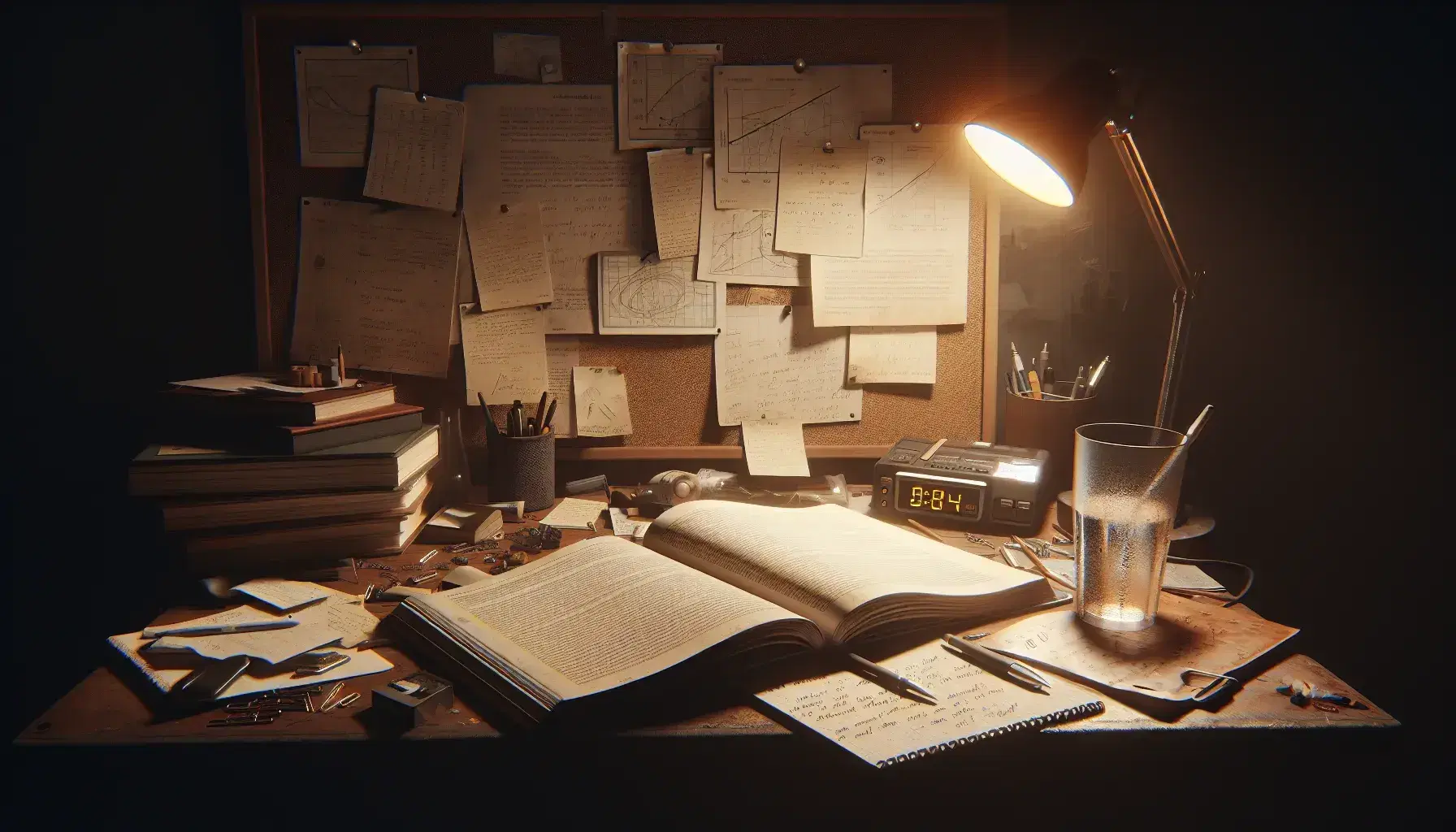 Messy desk with open book, notebook with doodles, pens, glass of water and blurry clock, illuminated by yellow lamp.