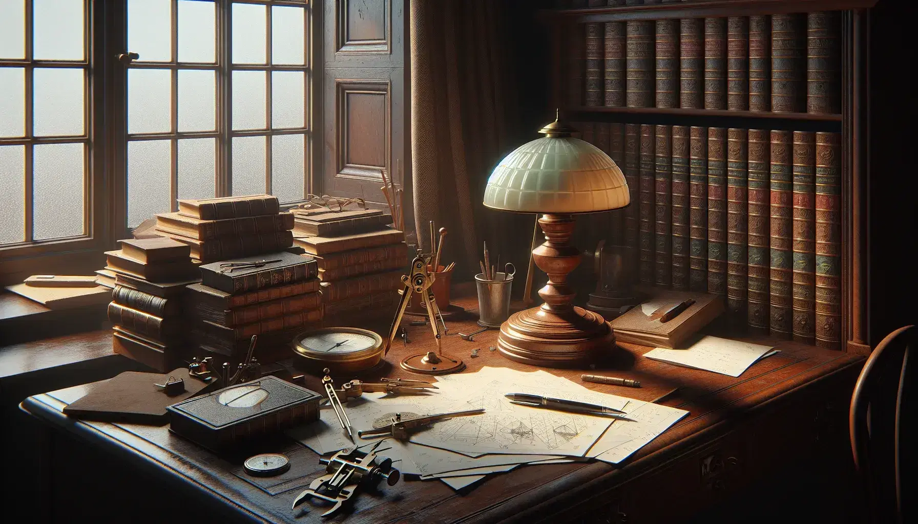 Studio d'epoca con scrivania in legno, lampada da tavolo, compasso, calibro, fogli con disegni geometrici e penna stilografica, libreria con libri rilegati e finestra aperta.