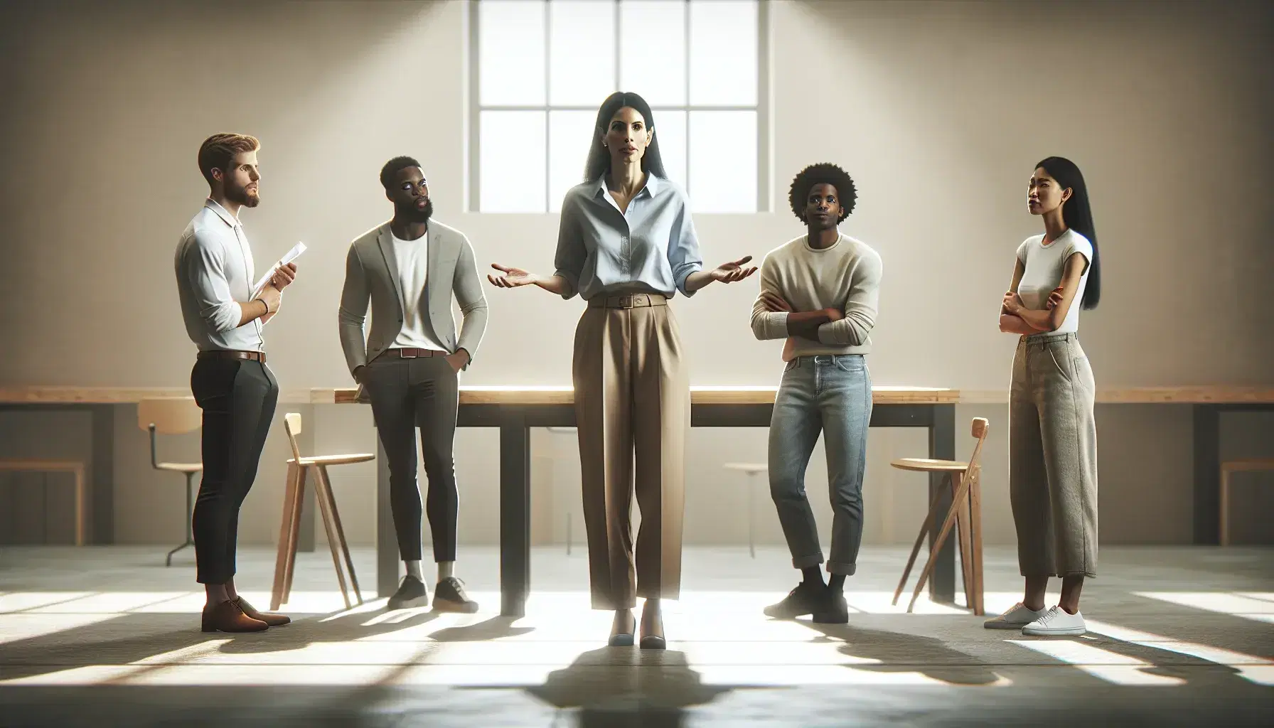 Mujer caucásica liderando reunión con gestos abiertos frente a cuatro colegas diversos en oficina moderna con mesa de madera y luz suave.