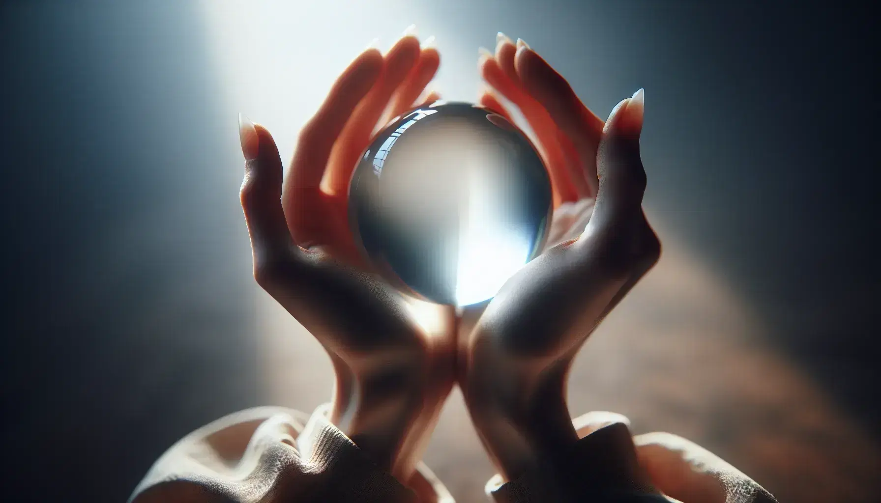Hands cradling a clear crystal ball with rainbow reflections, against a soft-focus background, highlighting the sphere's luminous quality.