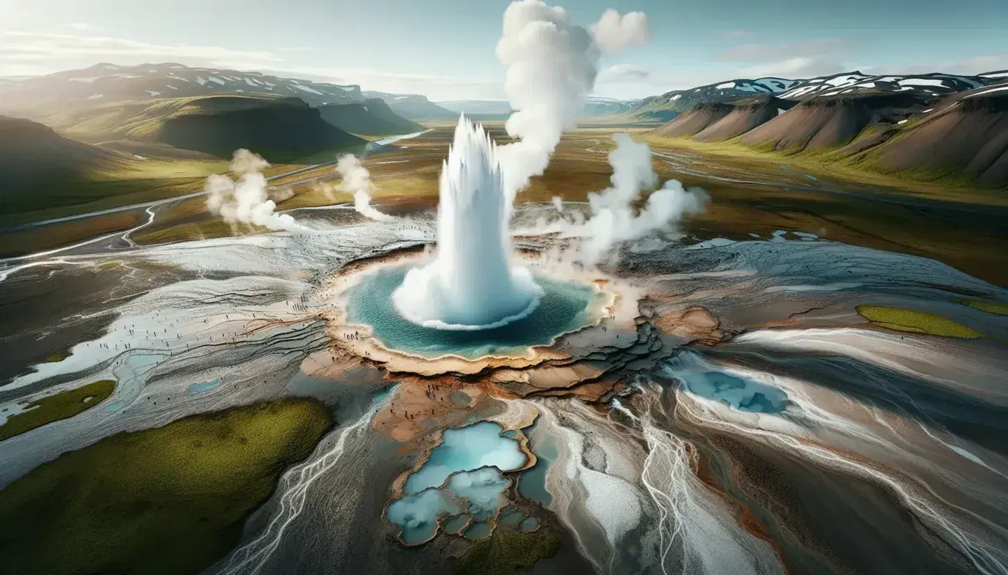Geyser in eruzione in Islanda con vapore che si alza nel cielo azzurro, circondato da terreno muschioso e montagne innevate sullo sfondo.