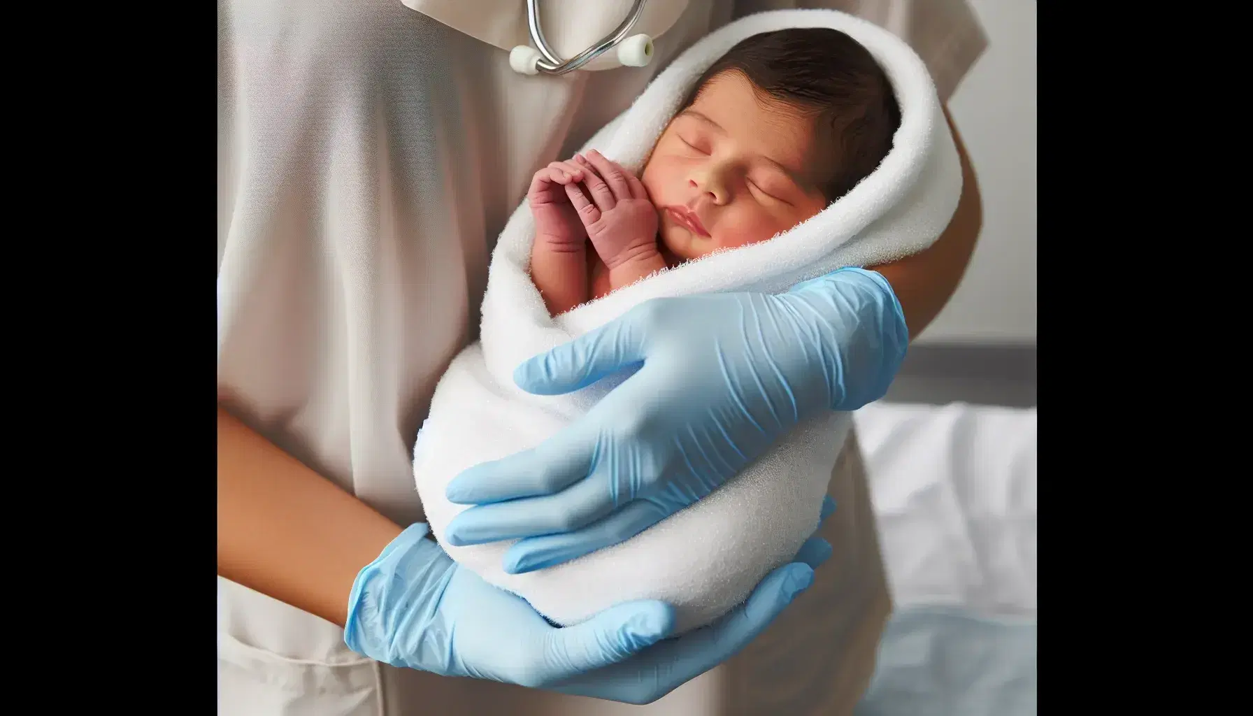 Manos de enfermera hispana en guantes estériles azules sosteniendo con cuidado a un recién nacido envuelto en una manta blanca, transmitiendo protección y ternura.
