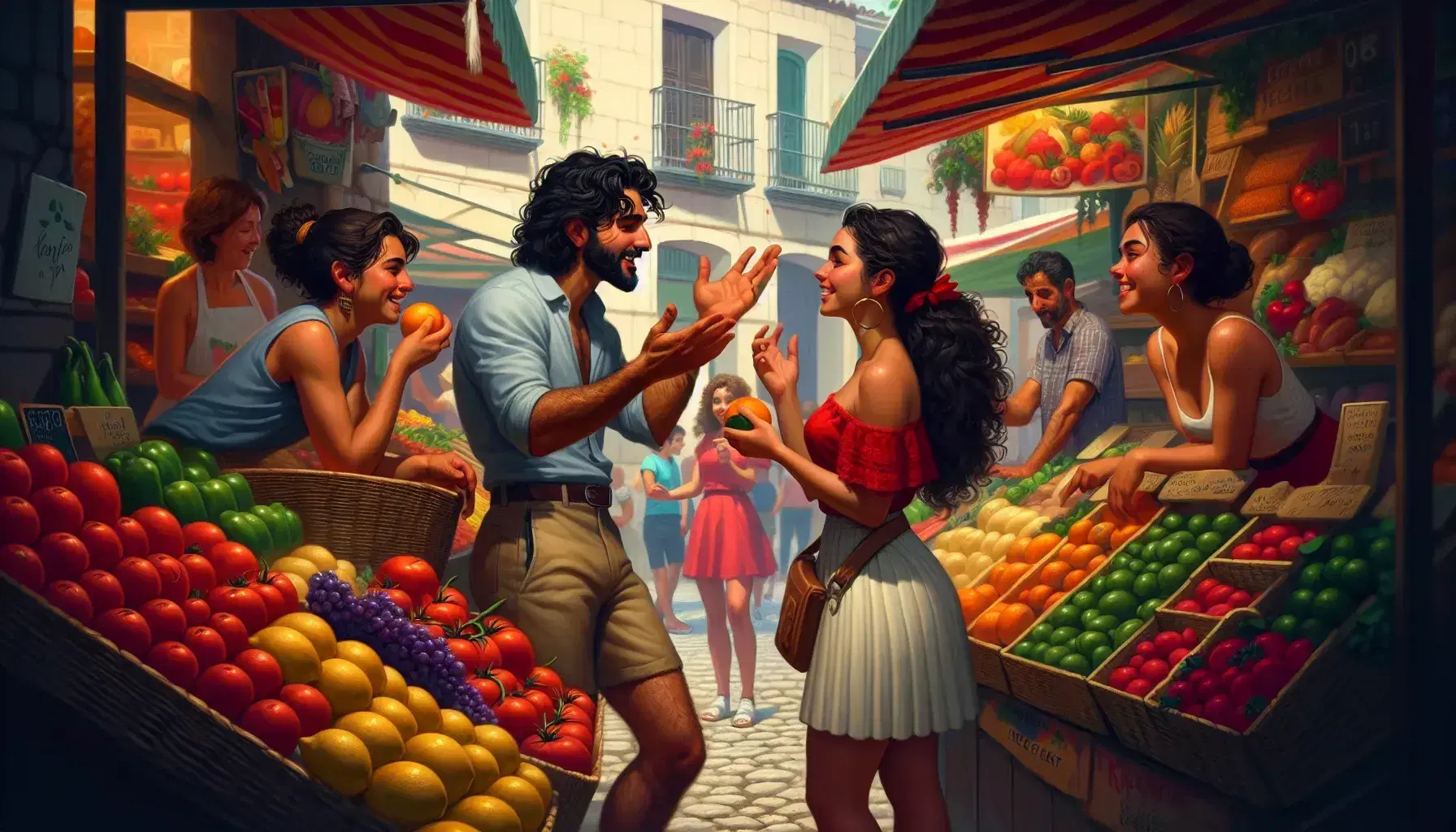 Vibrant Spanish market scene with diverse people chatting, buying fruits from a Middle-Eastern vendor, and children admiring toys under sunny skies.
