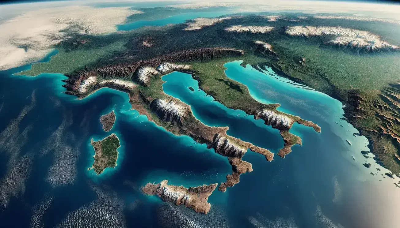 Veduta aerea della penisola italiana con montagne innevate e coste sabbiose, circondata dal blu del Mediterraneo.