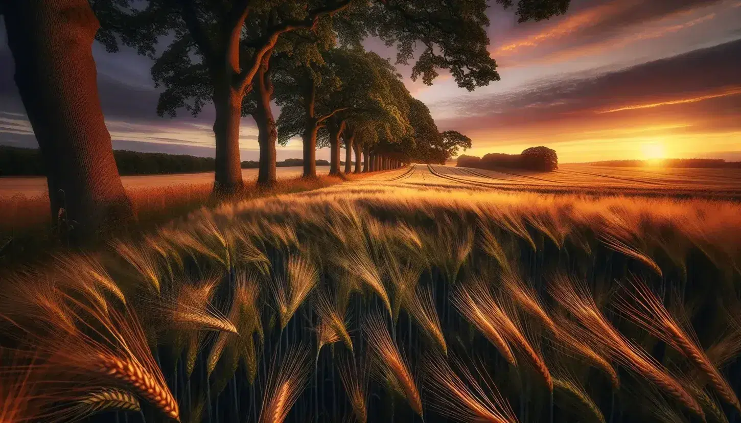 Paesaggio rurale al tramonto con campo di grano dorato, alberi autunnali e cielo sfumato senza nuvole, figura umana tra le spighe.