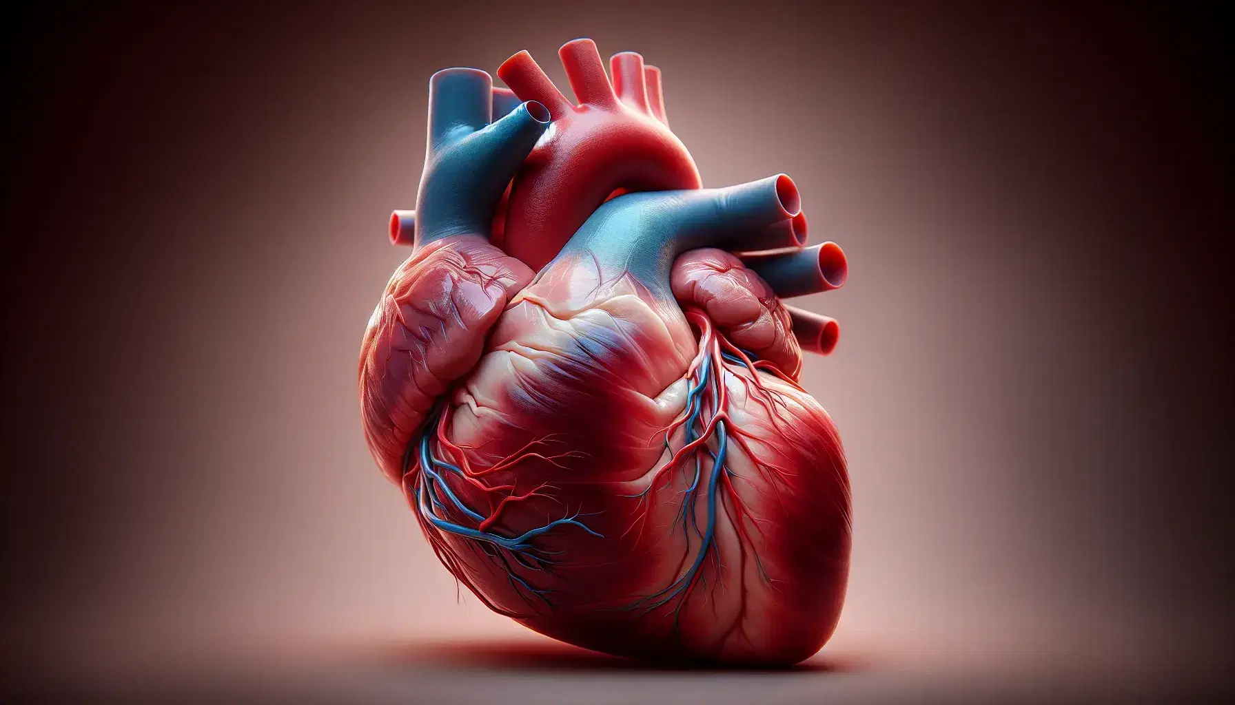 Corazón humano realista y detallado en perspectiva inclinada con arterias y venas visibles, iluminación suave sobre fondo neutro.
