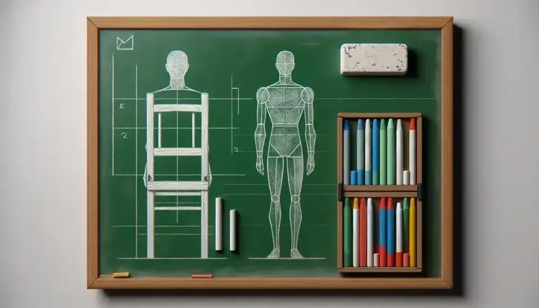 Pizarra escolar verde con tiza de colores y borrador, dibujos de figuras humanas y formas geométricas, reflejando una iluminación suave.