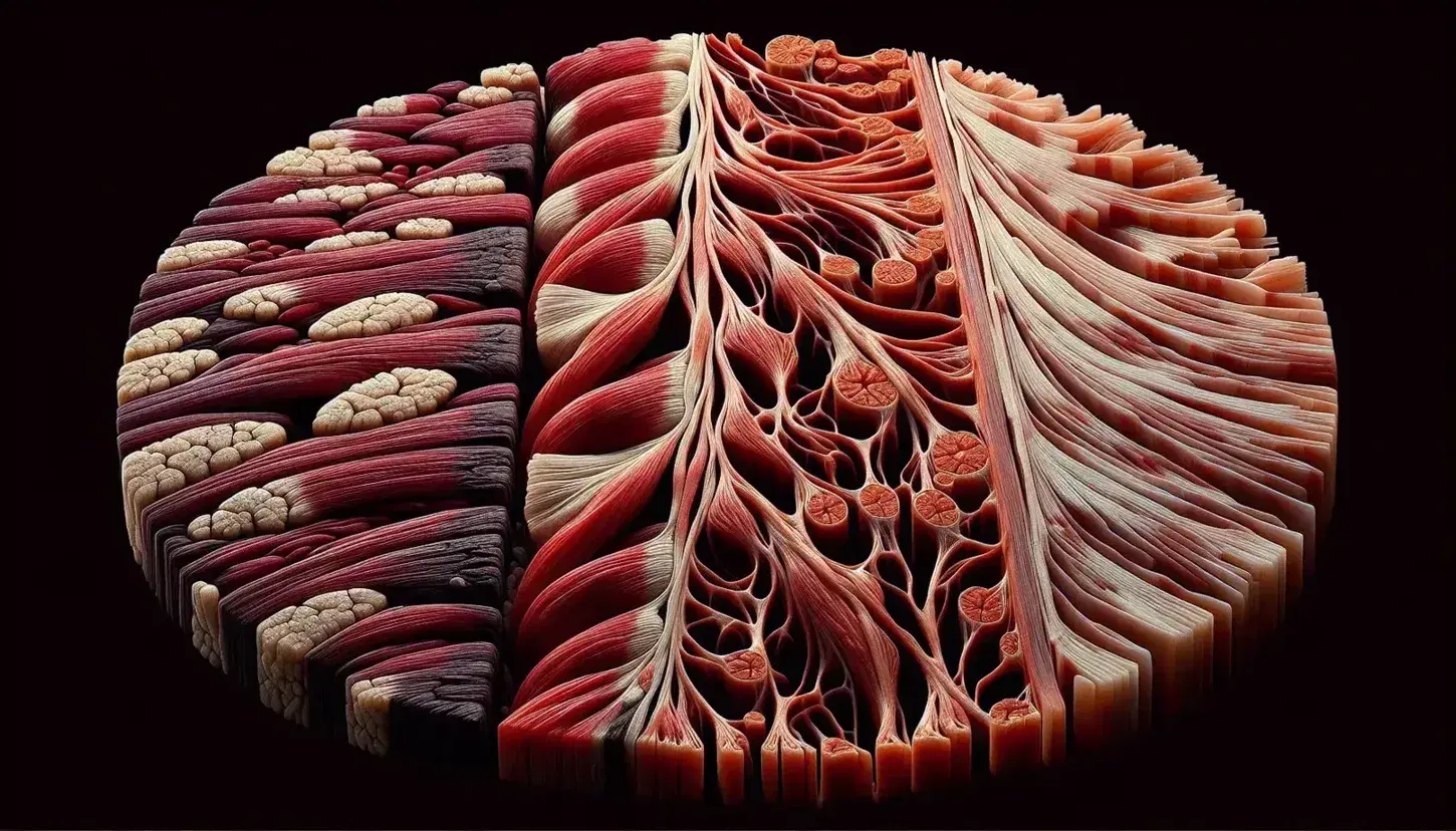 Fibras musculares humanas mostrando tejido esquelético rojo oscuro estriado, tejido cardíaco rojo claro entrelazado y tejido muscular liso rosa pálido.