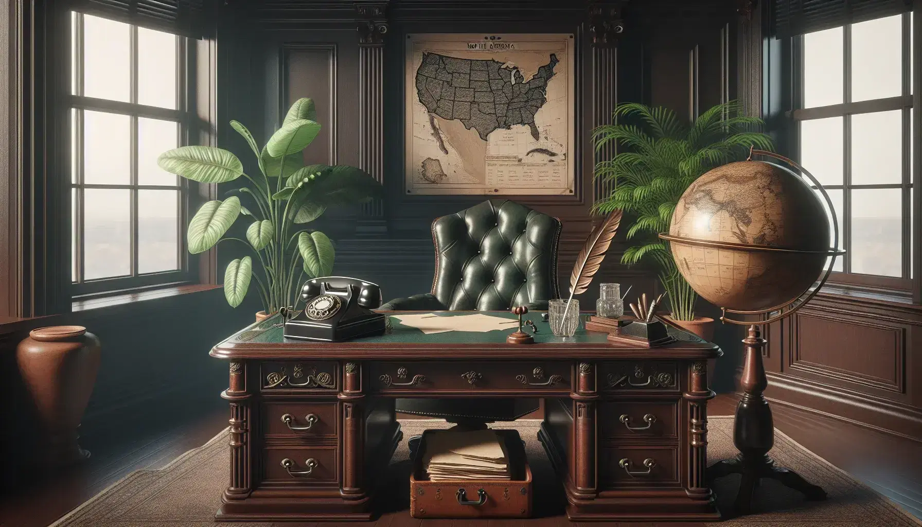Early 20th-century office with ornate mahogany desk, black rotary phone, inkwell with quill, leather chair, globe, and potted plant by paneled windows.