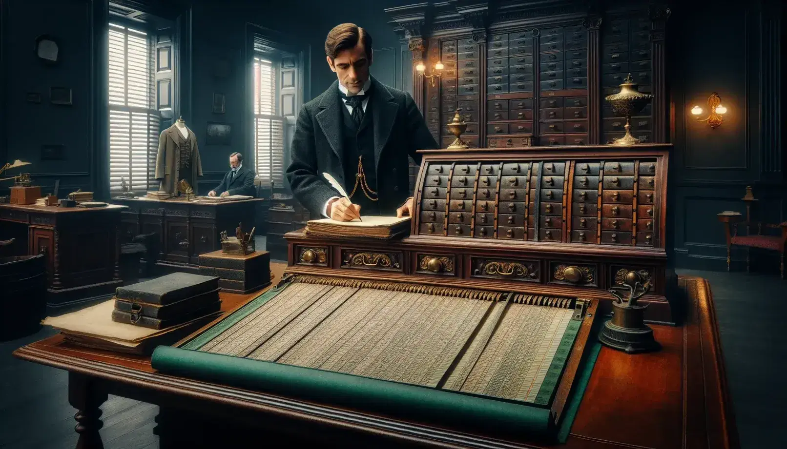 Historic office from the end of the 19th century with a man in a dark suit in front of a desk with an open register, an archive cabinet and a bowler hat.