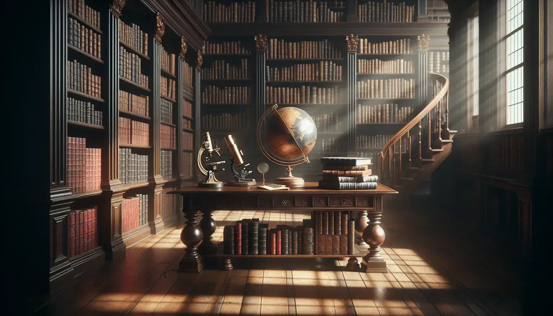 Biblioteca antigua con estantes de madera oscura llenos de libros encuadernados en cuero, mesa central con globo terráqueo antiguo y microscopio de latón, iluminados por la luz natural de una ventana alta.