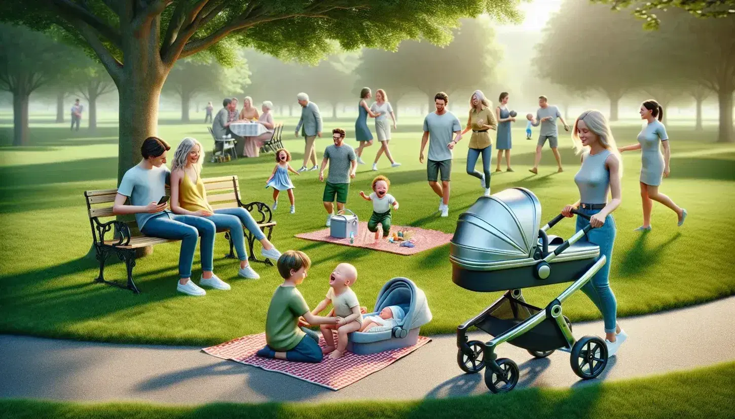 Park scene with teenage couple on bench and stroller, single parent playing with two children, group having picnic and person walking dog.