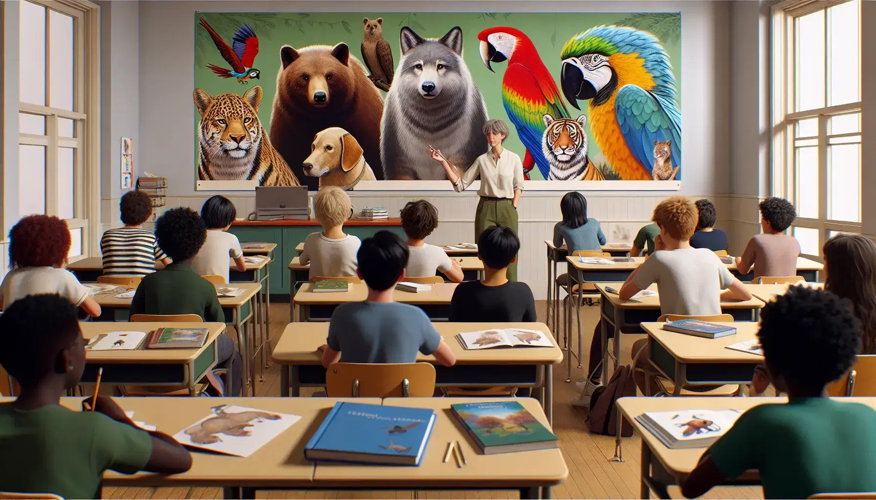 Diverse students in a classroom focus on a teacher by a poster of animals including a bear, wolf, macaw, tiger, and cow, with one student taking notes.