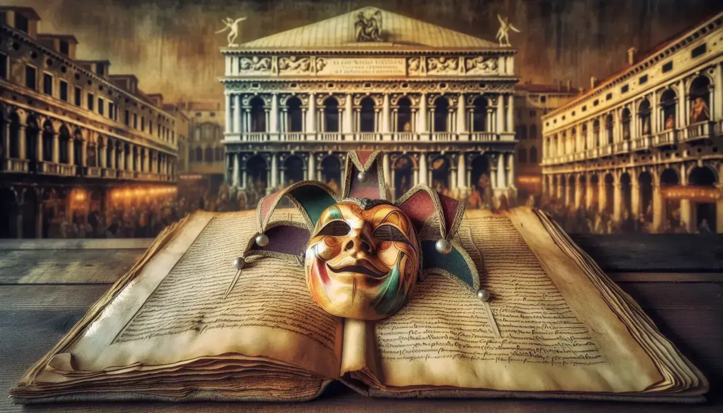 Maschera colorata della Commedia dell'Arte su manoscritto antico con sfondo sfocato del Teatro La Fenice di Venezia.